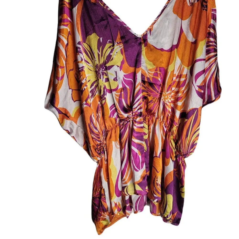 UNIQUE SPECTRUM Orange Floral DRAMATIC Bell Slv X-LITE Tunic 2X - Picture 2 of 3